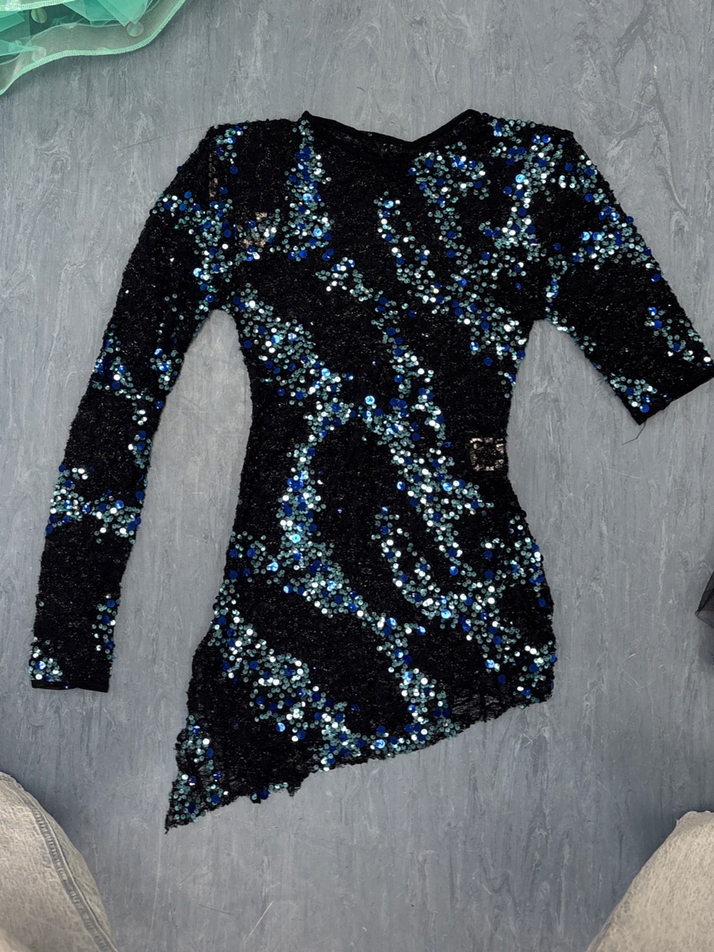 Black Sequin Asymmetric Mini Dresses with Blue Accents